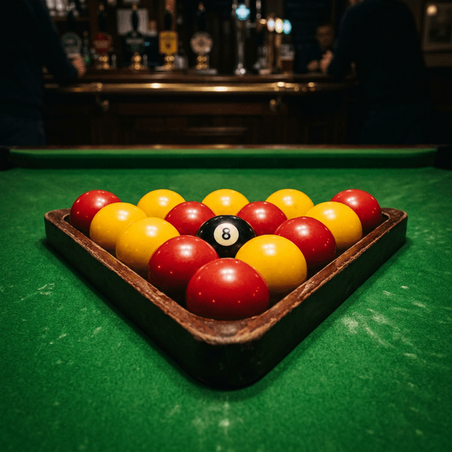British pool balls racked - reds, yellows, and the black 8-ball