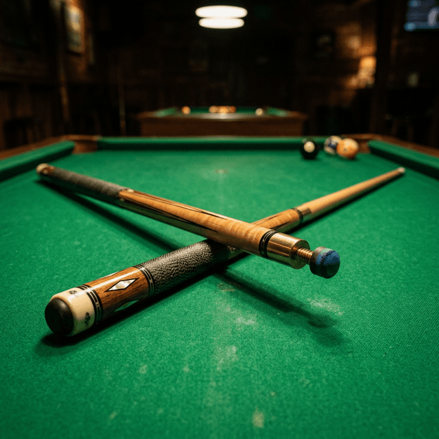 Crossed pool cues on green baize